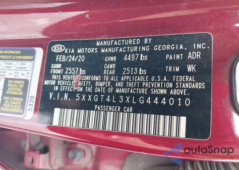 2020 Kia Optima Se из США, поврежденный, VIN 5XXGT4L3XLG444010